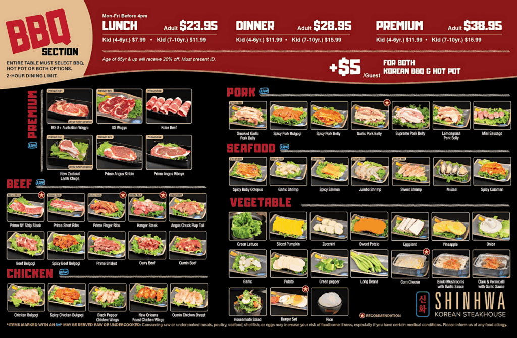 shinhwa korean steakhouse menu